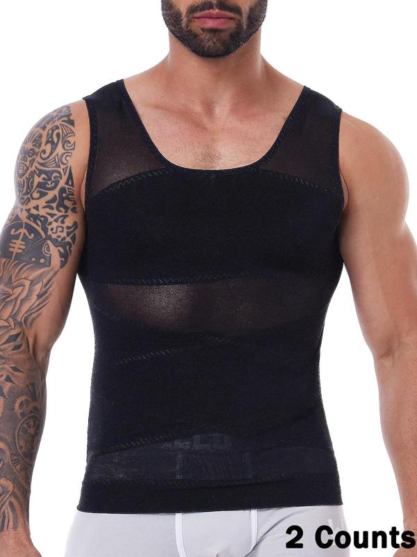 Men's Solid Sheer Compression Shapewear Tank Top, High Stretch Tummy Control Shaper, Men's Shapewear for Daily Wear