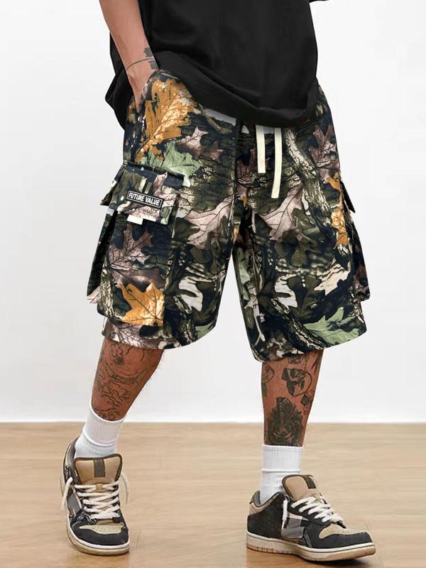 Men's Camo Print Patched Pocket Drawstring Waist Cargo Shorts, Street Fashion Loose Straight Leg Shorts, Summer Outfits 2024, Mens Clothing