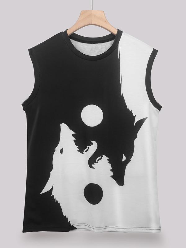 Men's Colorblock & Wolf Print Round Neck Tank Top, Regular Fit Casual Breathable Quick Drying Sleeveless Top for Summer, Fashion Men's Top for Daily Wear