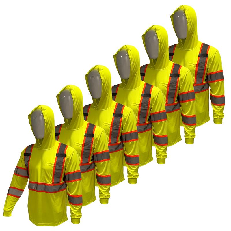 6 PACK SHIRT High Visibility Long Sleeve Safety Shirt with hoodie   Class 3 Polyester shirt (SEE SIZEING INFORMATION ON DESCRITION)