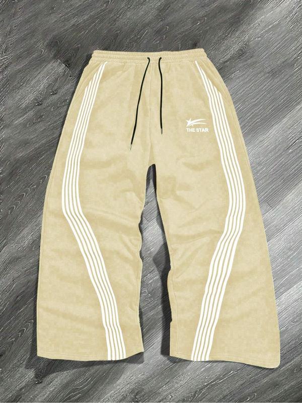 Men's Letter & Star & Striped Print Drawstring Waist Sweatpants, Regular Fit Casual Street Elastic Waist Straight Leg Trousers for Fall & Winter, Men's Bottoms for Daily Wear