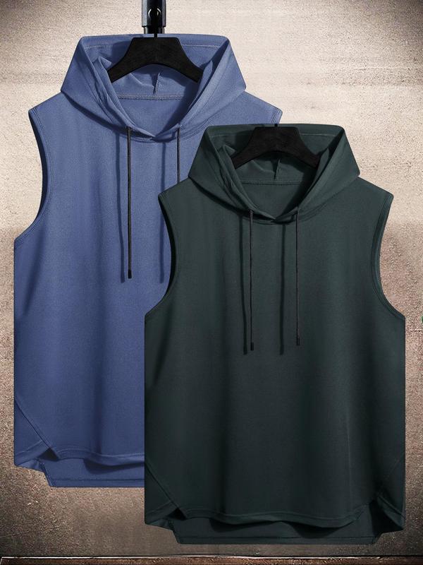 Men's Solid Color Asymmetrical Hem Hooded Tank Top, Regular Fit Casual Drawstring Vest Top for Summer, Men's Streetwear Top for Daily Wear, Men's Summer Clothes