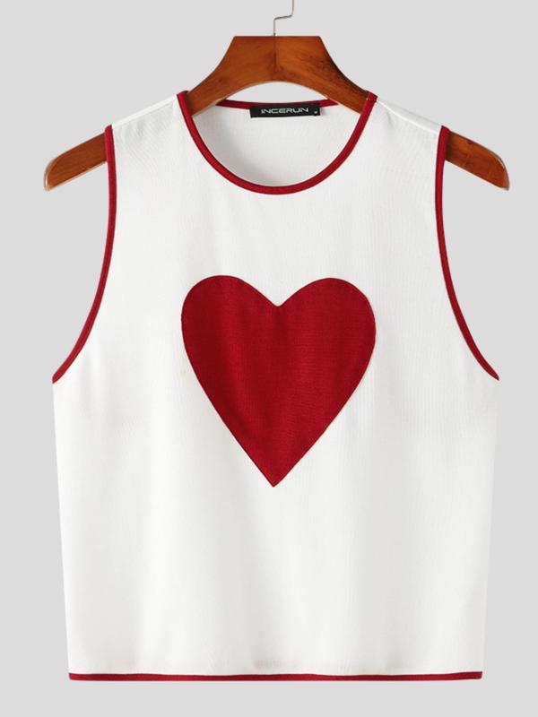 Men's Slim Heart Print Contrast Binding Crop Tank Top, Casual Sleeveless Round Neck Top for Summer, Fashion Men's Streetwear Clothes for Daily Wear, Men's Tops, Summer Outfits 2024