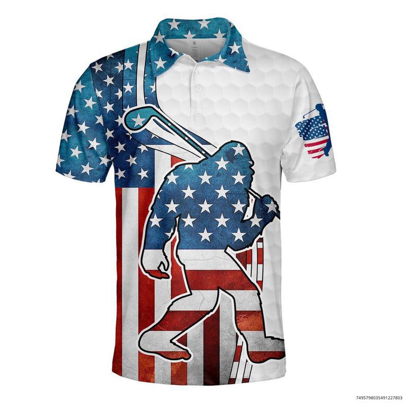 Bigfoot American Flag Golf Polo Shirts for Men, Bigfoot Sasquatch Golf Player Short Sleeve, Sasquatch Golfer Shirt,