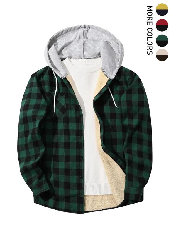 Men's Plaid Print Button Front Drawstring Hooded Shirt, Regular Fit Casual Long Sleeve Pocket Top for Fall & Winter, Men's Clothes for Daily Wear