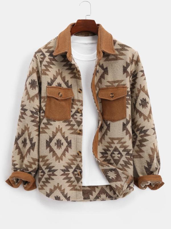 Men's Patchwork Tribal Print Button Front Jacket, Regular Fit Casual Long Sleeve Collared Flap Pocket Outerwear for Fall & Winter, Men's Clothes for Daily Wear