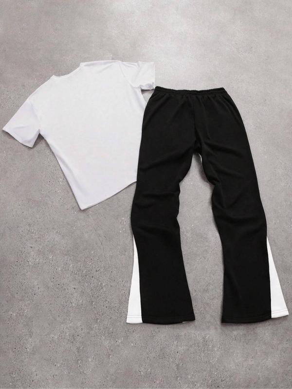 Men's Letter Print Tee & Drawstring Waist Pocket Pants Two-Piece Set, Regular Fit Round Neck Short Sleeve T-Shirt & Trousers, Casual Fashion Cozy Breathable Men Two-Piece Outfits for Summer