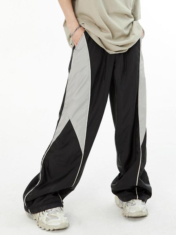 Men's Patchwork Contrast Binding Wide Leg Pants, Casual Street Drawstring Waist Pocket Trousers for Daily Wear, Mens Bottoms for All Seasons, 2000s Pants, Pants for Men, Summer Outfits 2024