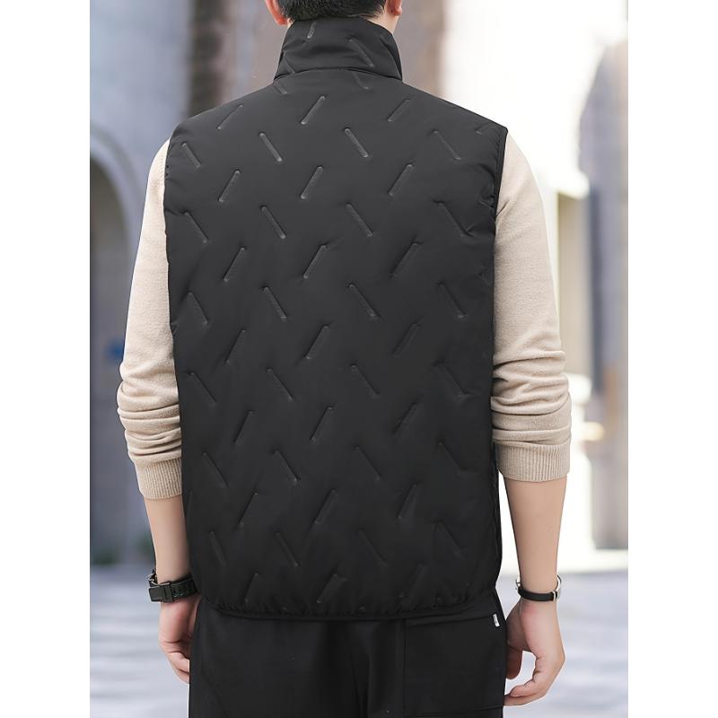 Men's Sleeveless Fleece-Lined Vest with Pockets - Casual Stand Collar, Machine Washable for Fall Winter