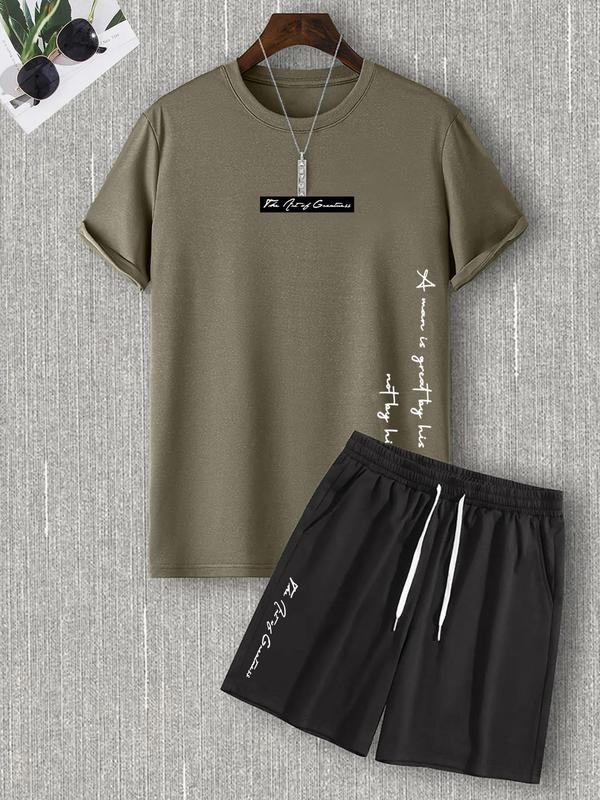 Two-Piece Set Men's Letter Print Tee & Drawstring Pocket Shorts Set, Regular Fit Streetwear Casual Short Sleeve T-shirt & Shorts, Men's Designer Outfits Set, Men Summer Outfits 2024