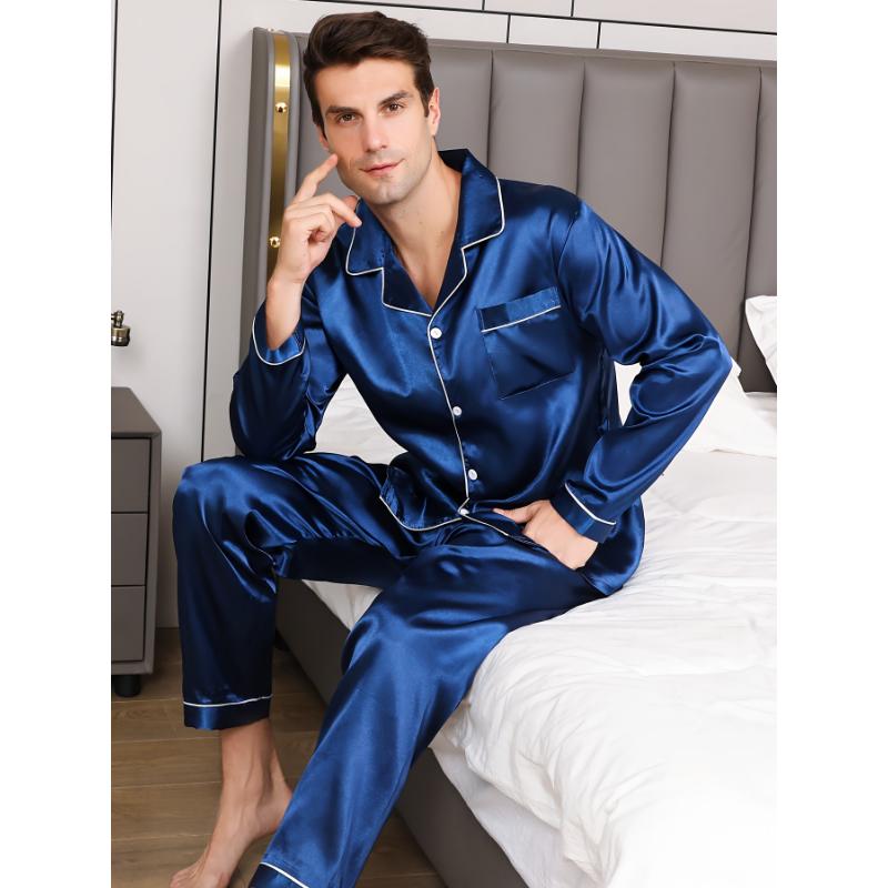 Plus Size Men's 2pcs Pajamas Set, Long Sleeve Button Down Sleepwear & Lounge Wear For Spring & Autumn