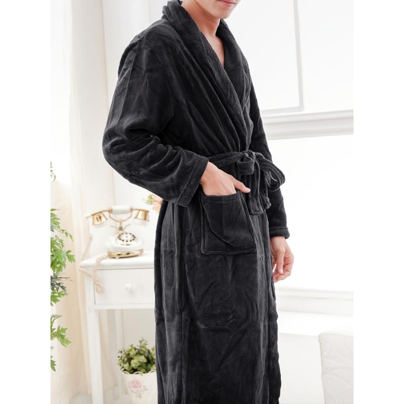 Men's Comfy Solid Fleece Robe Home Pajamas Wear With Pocket One-piece Lace Up Kimono Night-robe Warm Sets After Bath