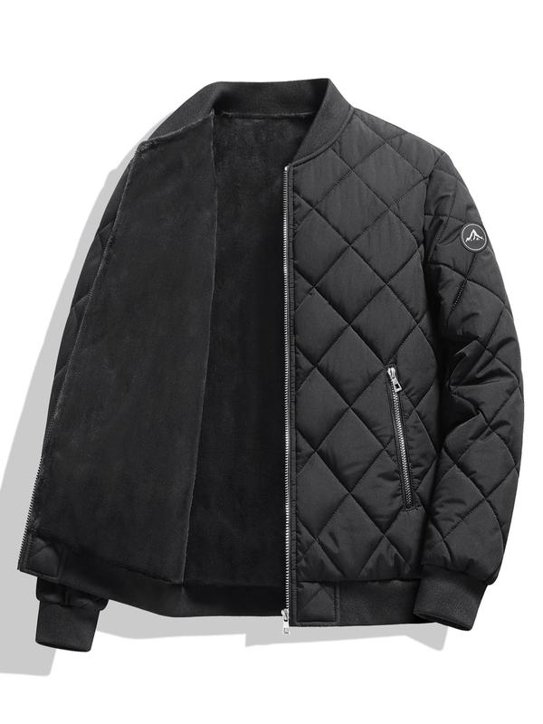 Men's Mountain Patched Zip Up Pocket Design Quilted Jacket, Sporty Long Sleeve Baseball Collar Outerwear for Fall & Winter, Men's Sportswear for Daily Wear