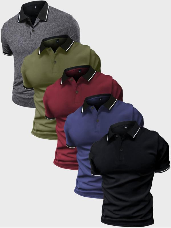 Men's Contrast Binding Buttons Polo Shirt, Regular Fit Casual Fashion Short Sleeve Polo Collar Shirt Top, Polo Shirt for Men 2024, Fall Tops, Back To School Outfits, Polo Shirts Men, Mens Clothing