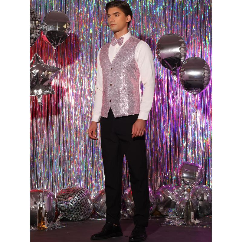 Lars Amadeus Men's Sequin Shiny Slim Fit Vest Sleeveless Suit Waistcoat Set with Bow Tie, Pink