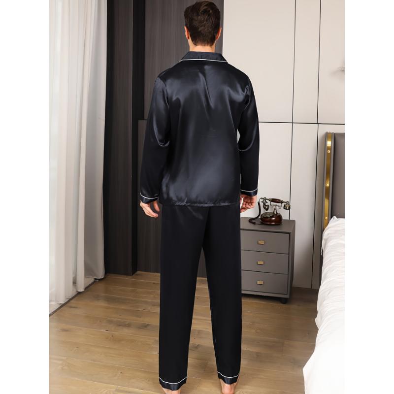 Plus Size Men's 2pcs Pajamas Set, Long Sleeve Button Down Sleepwear & Lounge Wear For Spring & Autumn