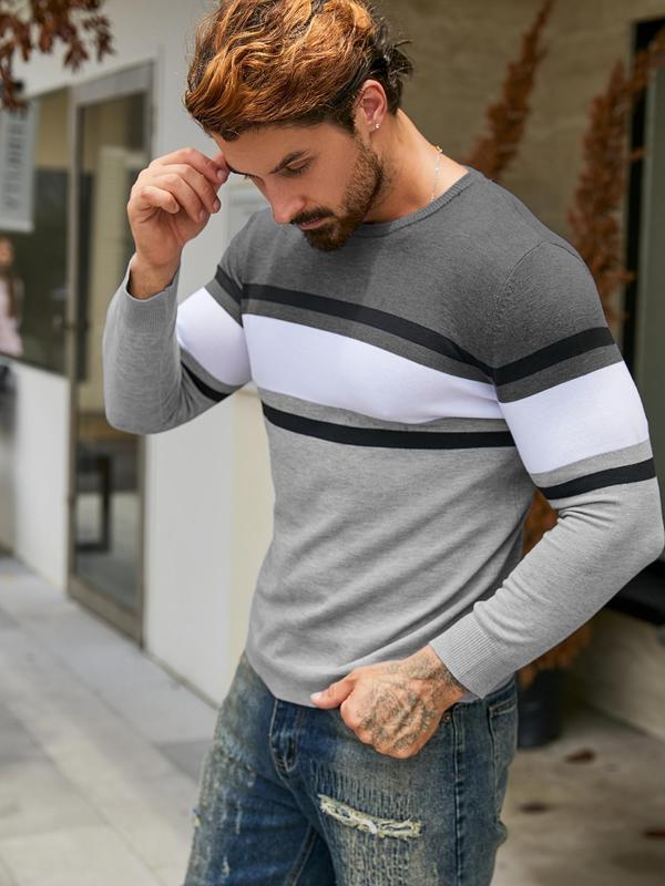 Men's Patchwork Print Round Neck Sweater, Regular Fit Casual Long Sleeve Crew Neck Jumper for Fall & Winter, Fashion Men's Knitwear for Daily Wear