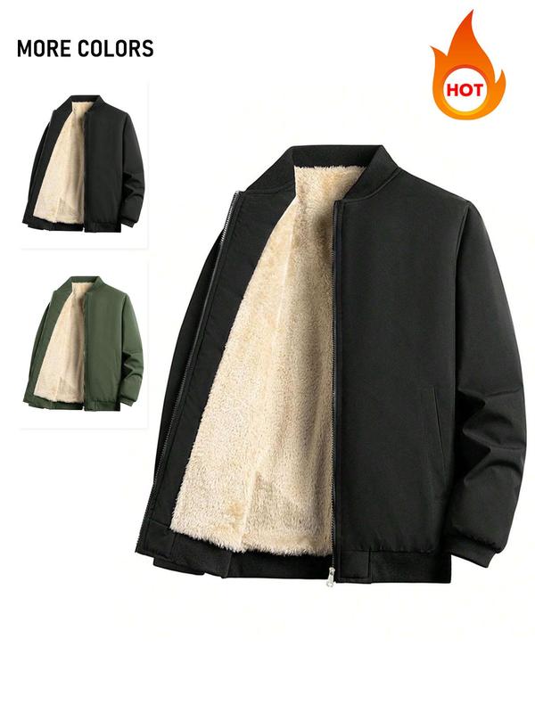 Men's Solid Color Fleece Lined Jacket, Regular Fit Casual Long Sleeve Zip Up Outerwear for Fall & Winter, Men's Clothes for Daily Wear