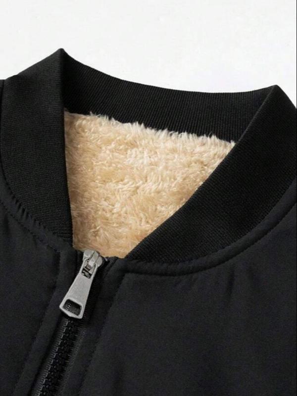 Men's Solid Color Fleece Lined Jacket, Regular Fit Casual Long Sleeve Zip Up Outerwear for Fall & Winter, Men's Clothes for Daily Wear