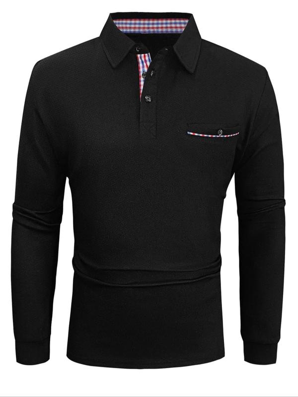 Men's Regular Fit Patchwork Long Sleeve Polo Shirt, Casual Button Front Collared Top for Spring & Fall, Fashion Men's Clothes for Daily Wear, Fall Outfits, Fallfreshness
