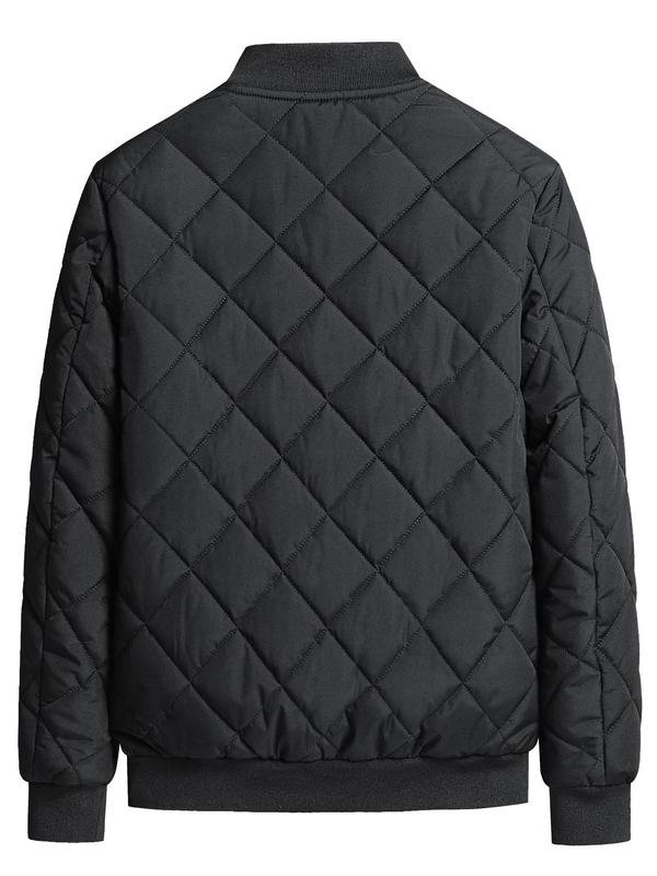 Men's Mountain Patched Zip Up Pocket Design Quilted Jacket, Sporty Long Sleeve Baseball Collar Outerwear for Fall & Winter, Men's Sportswear for Daily Wear