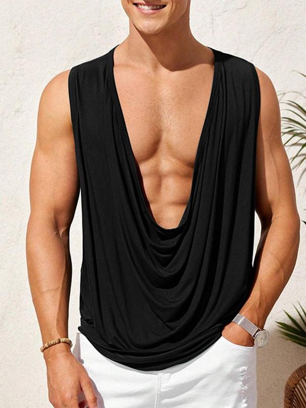 Men's Loose Solid Cowl Neck Tank Top, Casual Sleeveless Crop Top for Summer, Fashion Men's Clothes for Daily Wear