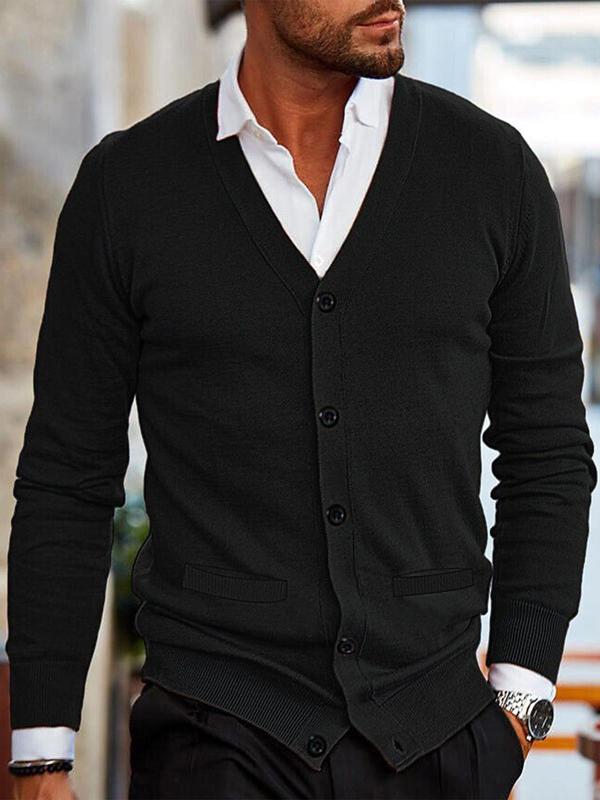 Men's Solid Button Front V Neck Cardigan, Slim Casual Long Sleeve Knitwear for Spring & Fall, Fashion Men's Knit Clothing for Daily Wear