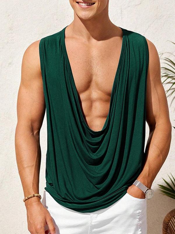 Men's Loose Solid Cowl Neck Tank Top, Casual Sleeveless Crop Top for Summer, Fashion Men's Clothes for Daily Wear