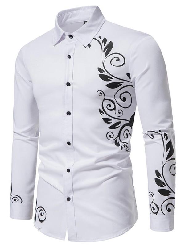 Men's Regular Fit Plants Print Long Sleeve Button Down Shirt, Casual Collared Button Front Top for Spring & Fall, Fashion Men's Streetwear Clothes for Daily Wear Longsleeves