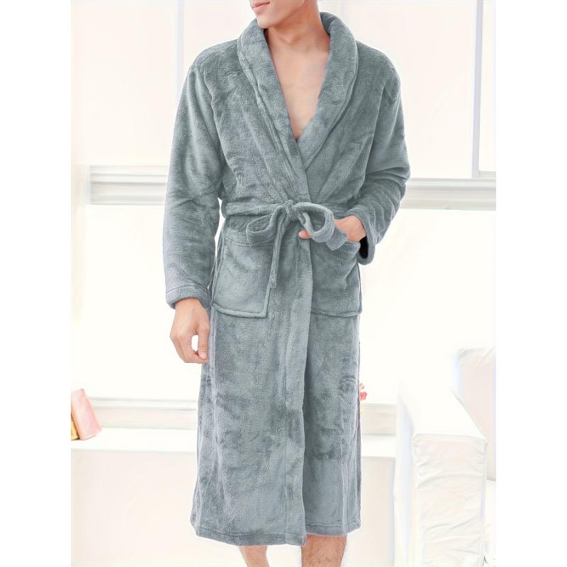 Men's Comfy Solid Fleece Robe Home Pajamas Wear With Pocket One-piece Lace Up Kimono Night-robe Warm Sets After Bath