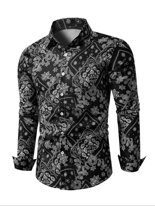 Men's All Over Print Button Front Shirt, Regular Fit Casual Long Sleeve Collared Top for Fall & Winter, Men's Clothes for Daily Wear, Fall Outfits 2024