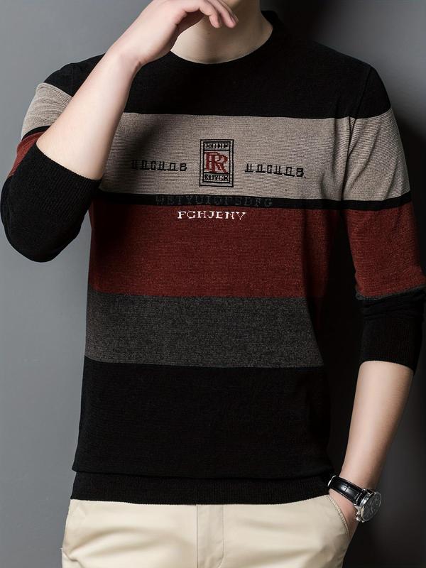 Men's Colorblock Striped Print Round Neck Sweater, Regular Fit Casual Long Sleeve Crew Neck Jumper for Fall & Winter, Fashion Men's Knitwear for Daily Wear