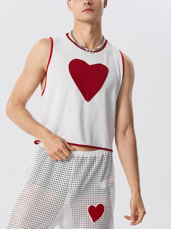 Men's Slim Heart Print Contrast Binding Crop Tank Top, Casual Sleeveless Round Neck Top for Summer, Fashion Men's Streetwear Clothes for Daily Wear, Men's Tops, Summer Outfits 2024