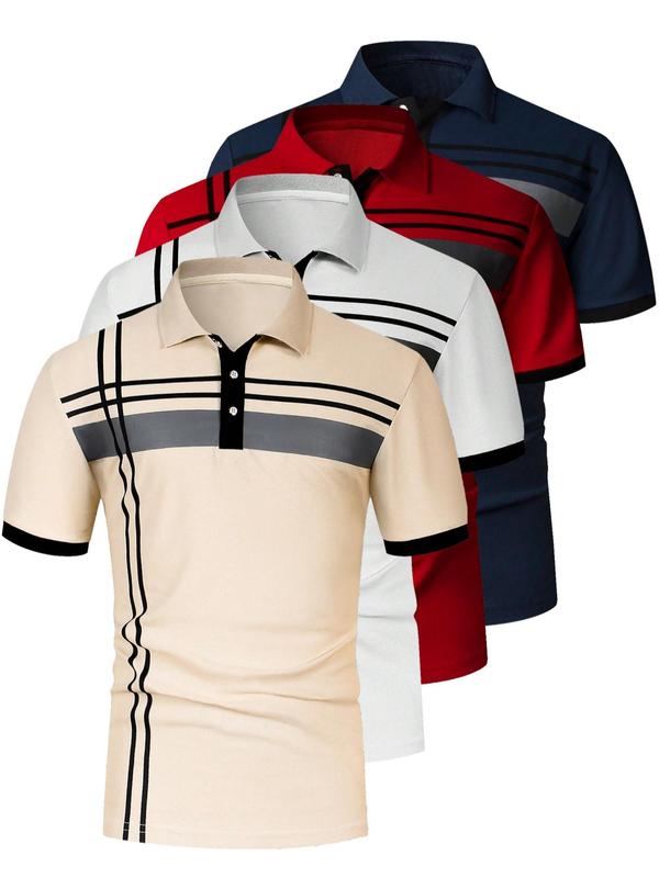 Men's Striped Print Short Sleeve Polo Shirt, Polo Clothes, Polo Collar Shirt, Regular Fit Casual Half Buttons Collared Top for Summer, Men's Clothes for Daily Wear