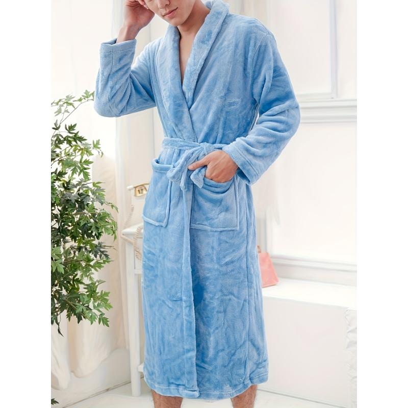 Men's Comfy Solid Fleece Robe Home Pajamas Wear With Pocket One-piece Lace Up Kimono Night-robe Warm Sets After Bath