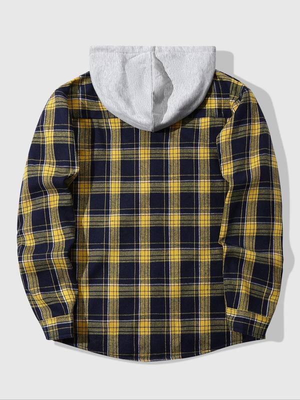 Men's Plaid Print Button Front Drawstring Hooded Shirt, Regular Fit Casual Long Sleeve Pocket Top for Fall & Winter, Men's Clothes for Daily Wear