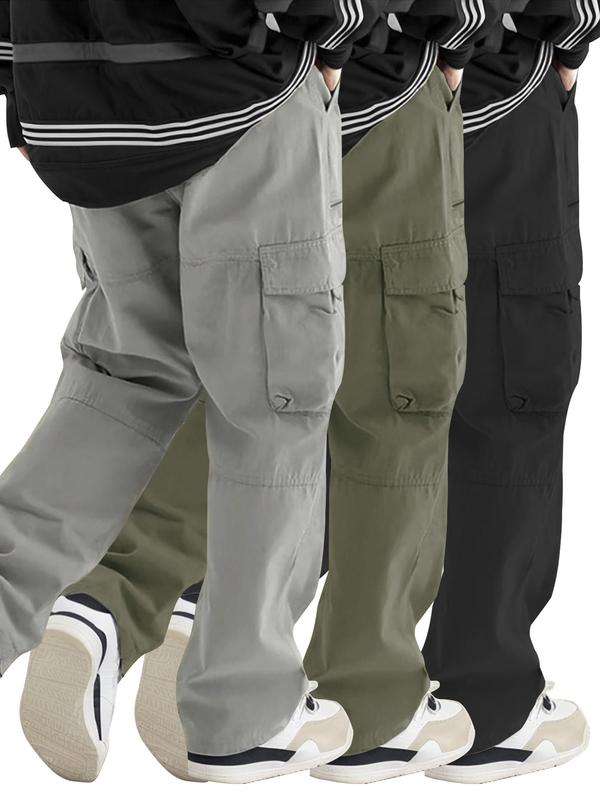 Men's Solid Flap Pocket Drawstring Cargo Pants, Casual Loose Zipper Pants for Outdoor Daily Wear, Woven Bottoms for All Seasons