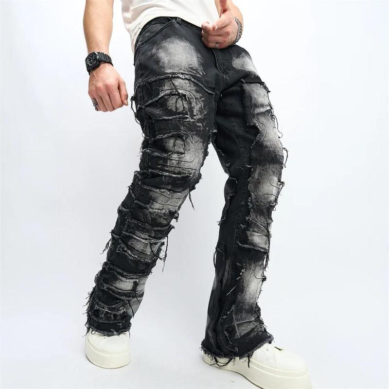 Stylish Men Ripped Distressed Street Style HipHop Straight Jeans Trousers Male Holes Patch Spliced Slim Biker Denim Pants