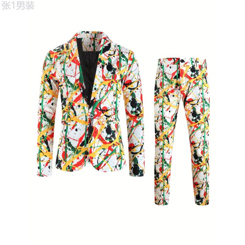 Men's 2-Piece Suit Set, Fashion 3D Allover Colorful Graffiti Splatter Print Blazer And Pants, Leisure Style, Party Wear Menswear Polyester