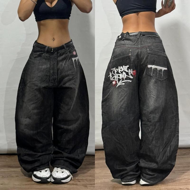 American Retro Skull Wings Embroidered Baggy Jeans, Streetwear Jeans, Men And Women Y2K Harajuku Hip-hop Gothic Wide Trousers Streetwear