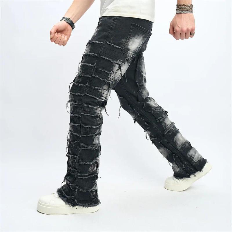 Stylish Men Ripped Distressed Street Style HipHop Straight Jeans Trousers Male Holes Patch Spliced Slim Biker Denim Pants