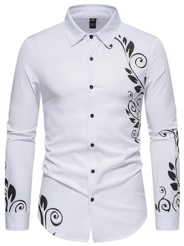 Men's Regular Fit Plants Print Long Sleeve Button Down Shirt, Casual Collared Button Front Top for Spring & Fall, Fashion Men's Streetwear Clothes for Daily Wear Longsleeves