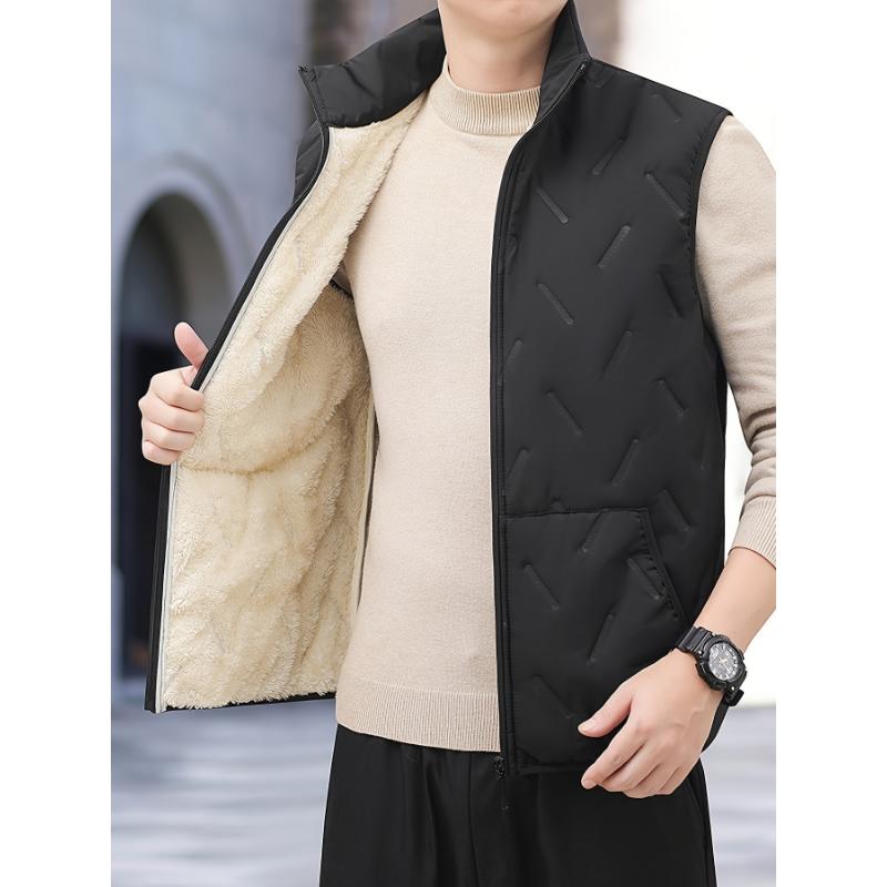 Men's Sleeveless Fleece-Lined Vest with Pockets - Casual Stand Collar, Machine Washable for Fall Winter