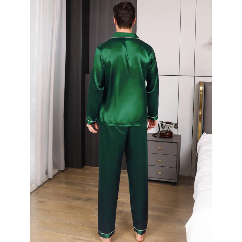 Plus Size Men's 2pcs Pajamas Set, Long Sleeve Button Down Sleepwear & Lounge Wear For Spring & Autumn