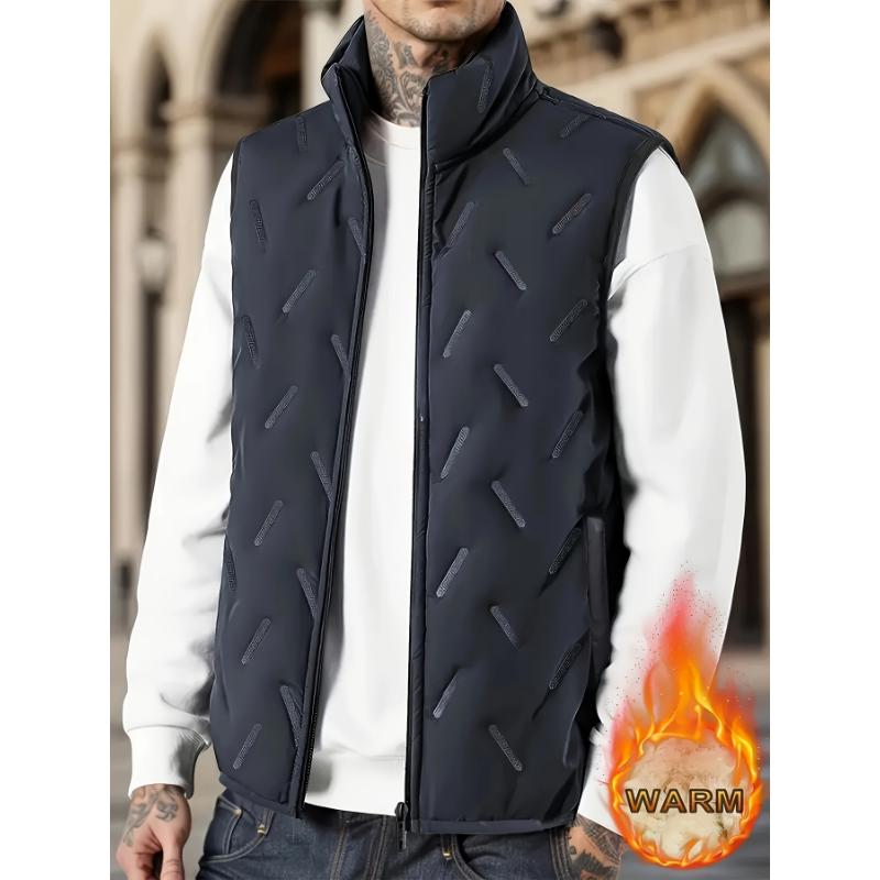 Men's Sleeveless Fleece-Lined Vest with Pockets - Casual Stand Collar, Machine Washable for Fall Winter