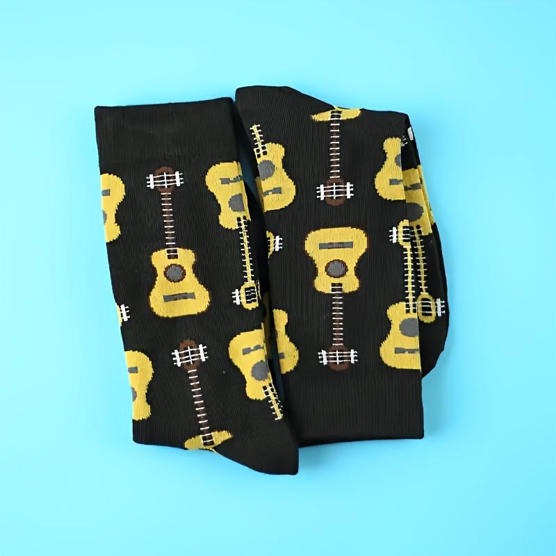 Men's Fashion Cartoon Guitar Pattern Socks, Breathable Comfort and Casual Tube Socks, a Must-Have Item for Men's Outdoor Wear