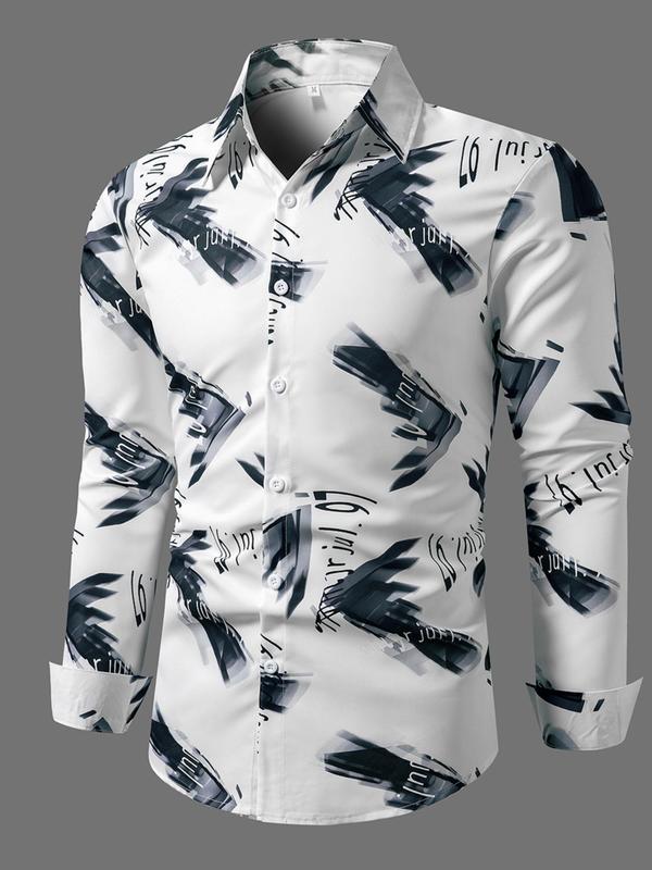 Men's All Over Print Button Front Shirt, Regular Fit Casual Long Sleeve Collared Top for Fall & Winter, Men's Clothes for Daily Wear, Fall Outfits 2024