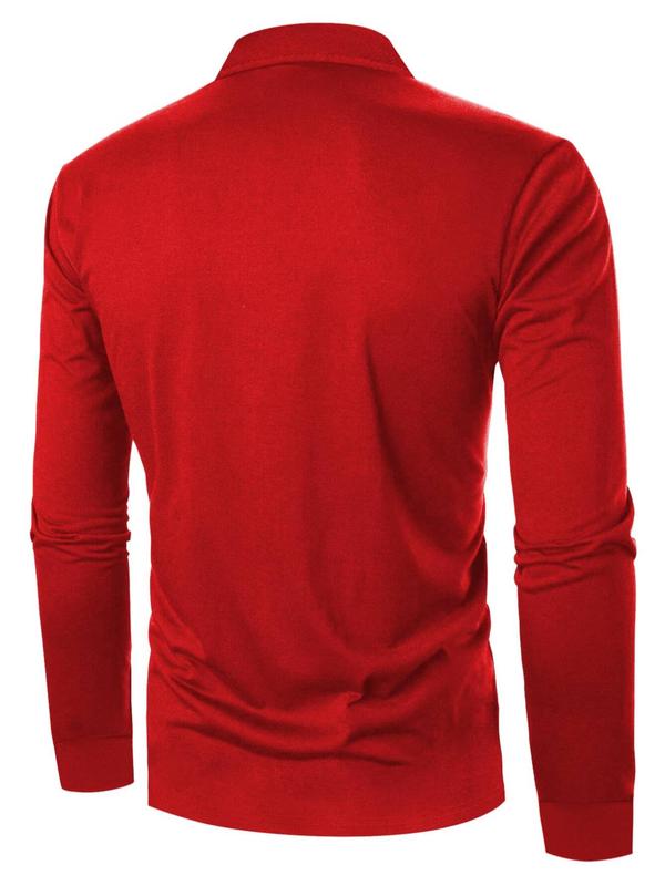 Men's Regular Fit Patchwork Long Sleeve Polo Shirt, Casual Button Front Collared Top for Spring & Fall, Fashion Men's Clothes for Daily Wear, Fall Outfits, Fallfreshness