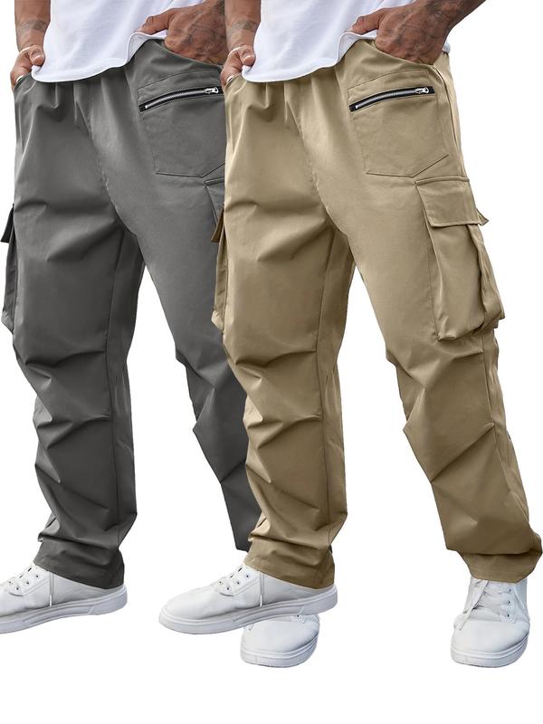  Men's Solid Pocket Drawstring Waist Cargo Pants, Regular Fit Casual Zipper Design Trousers for Daily Wear, Men's Bottoms for All Seasons