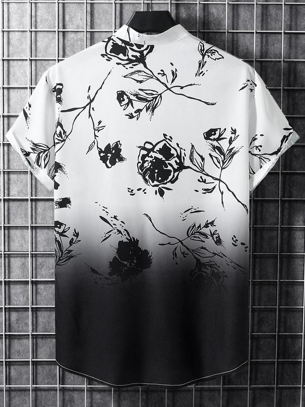 Men's Ombre Floral Print Button Front Shirt, Regular Fit Streetwear Casual Fashion Short Sleeve Collared Shirt for Summer,  Shirts for Men, Men's Top for Beach Vacation Holiday